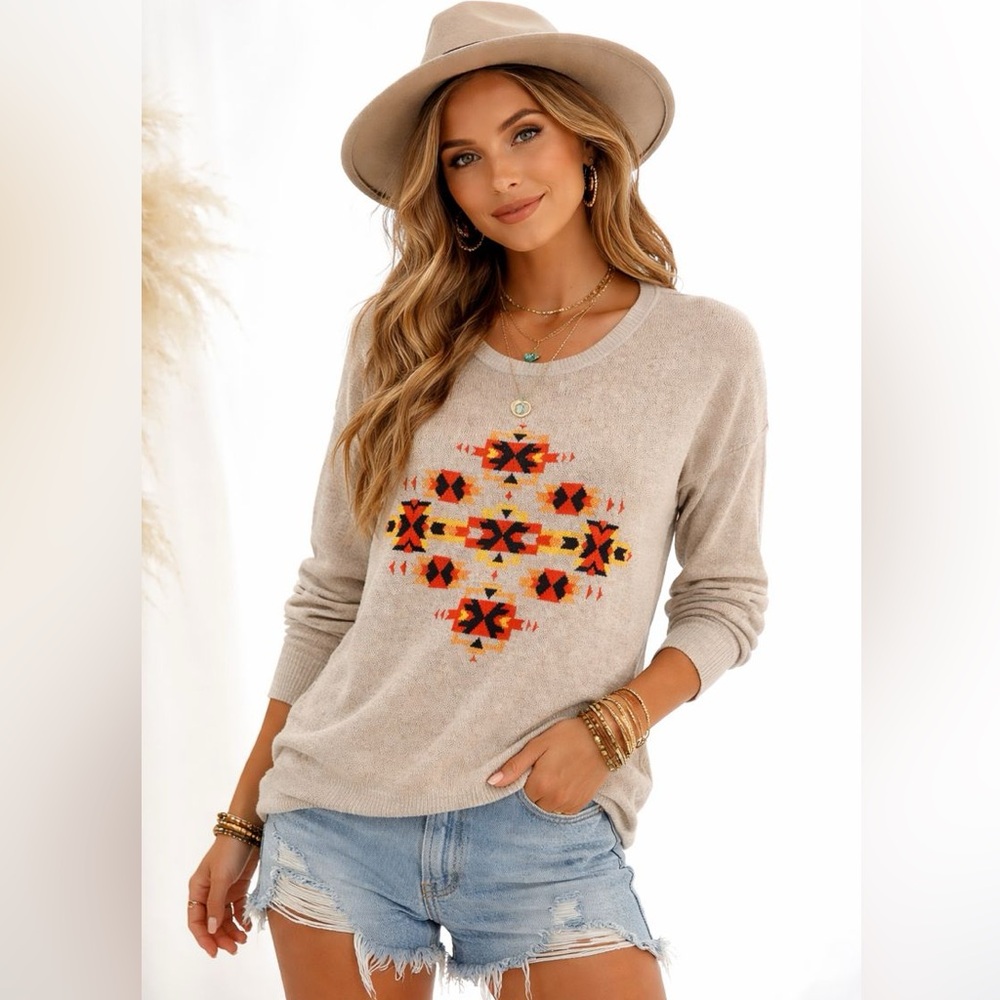 Kensie Women’s Tribal Print Boho Classic Lightweight Pullover Sweater Size XS